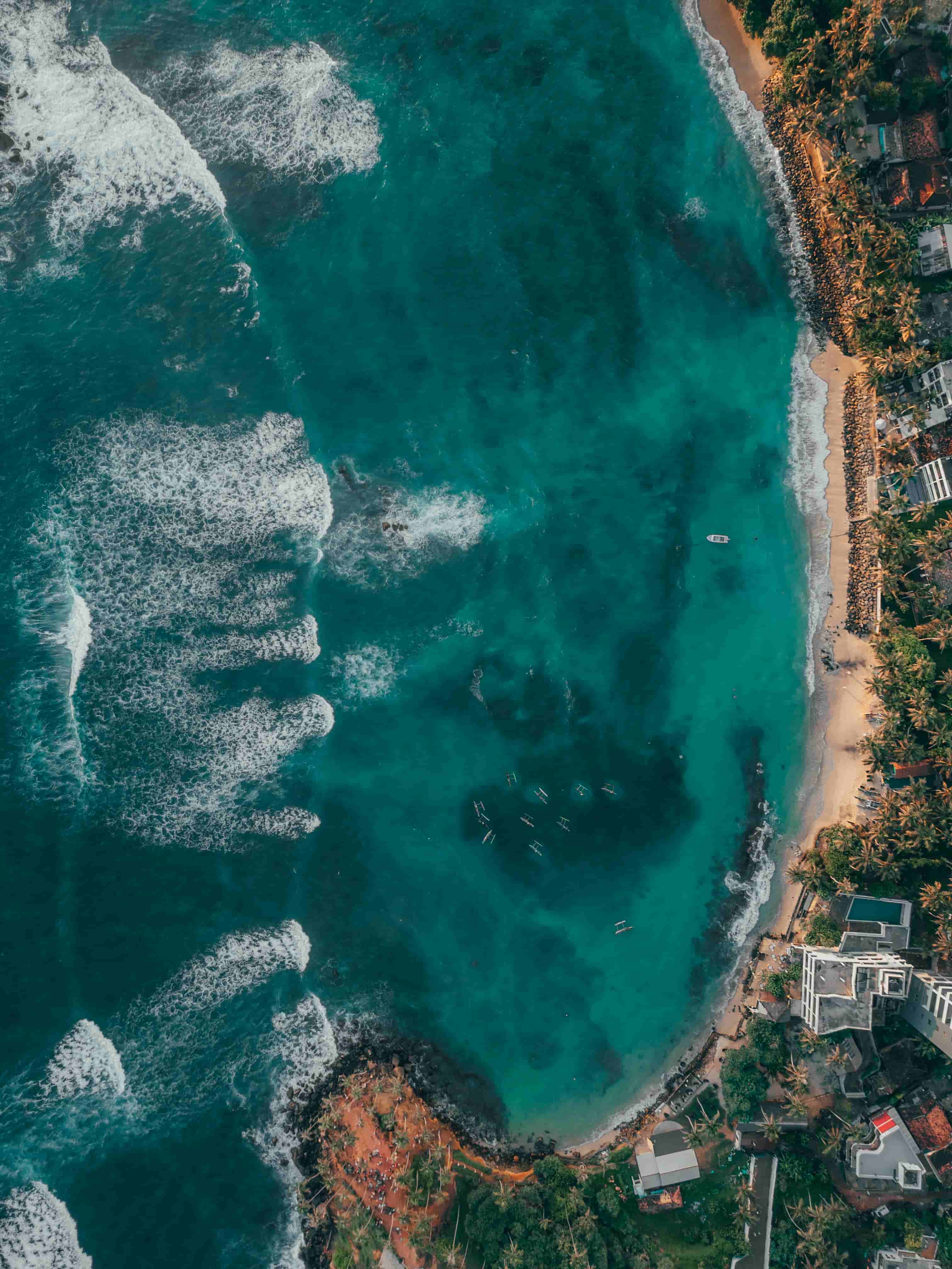 Aerial drone view of a tropical beach in Sri Lanka