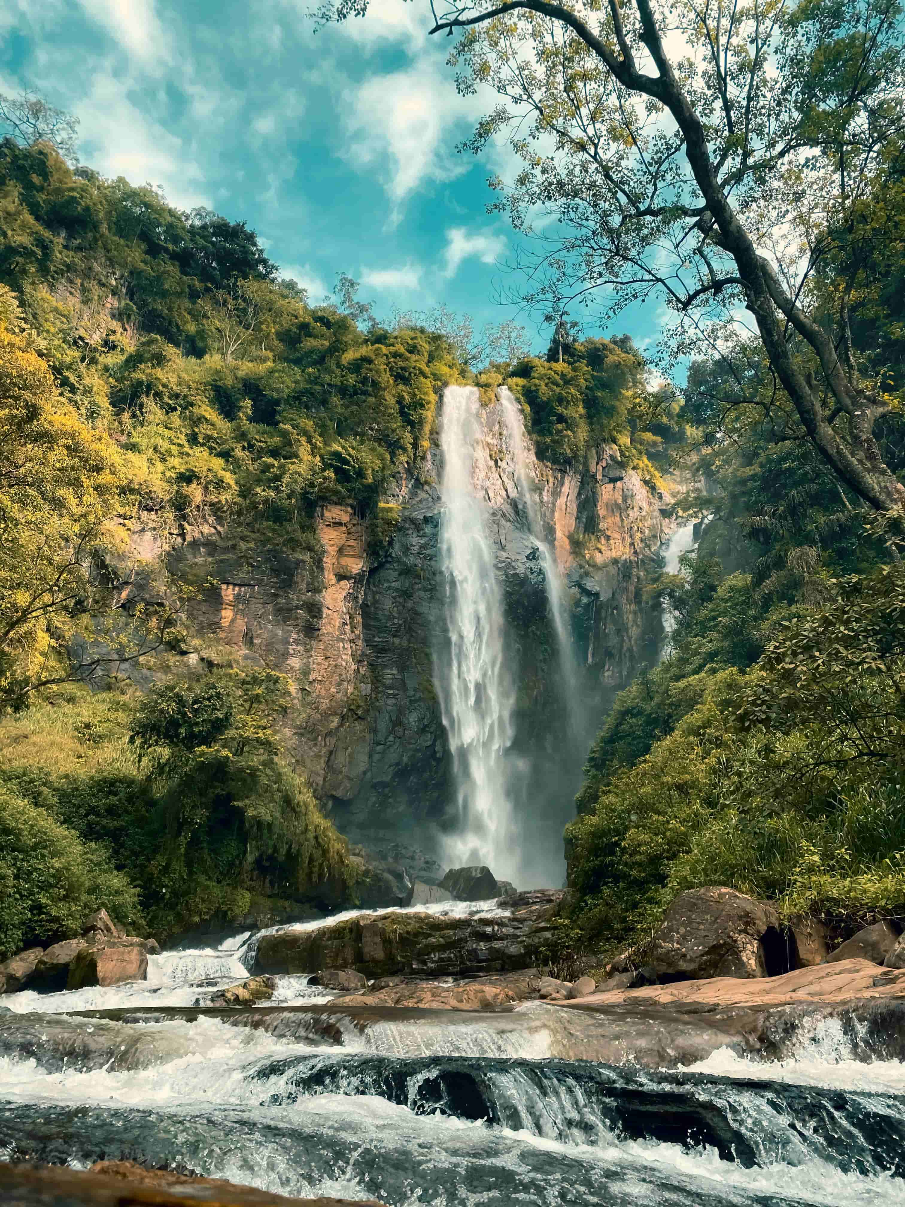 Picturesque waterfall surrounded by lush greenery in Sri Lanka